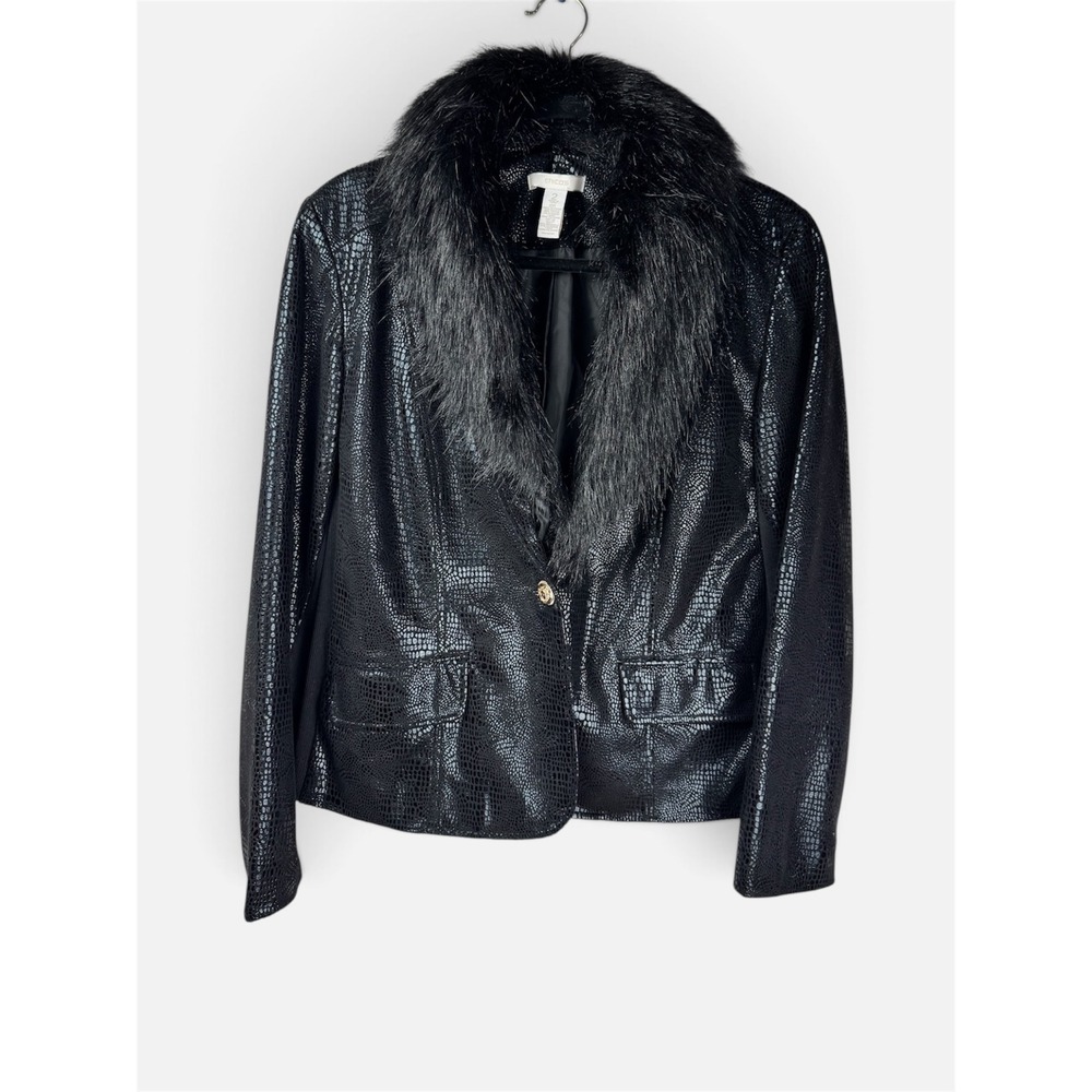 Chico's Blazer Women Black Faux Fur Collar Snakeskin Embossed Jacket 2 Large